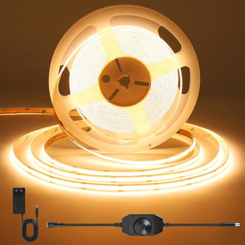 ACELUMO COB LED Streifen 3m Warmweiss, 3000K, Knopf Dimmer, 8mm Breite | LED Strip Dimmbar für Küche Unterschrank, Schlazimmer, Innen, Indirekten Beleuchtung, 90lm/w, CRI 92, 320 LEDs/m, Schneidbar