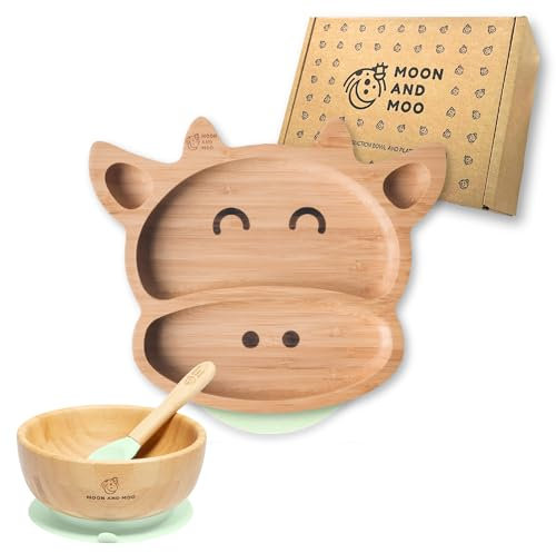 Moon and Moo Bambus-Saugnapf mit Kuh-Teller und Schale, perfektes Baby-Geschenk, umweltfreundliches Entwöhnungsset mit leistungsstarkem Silikon-Saugnapf, geteilter Portionsteller (grün)