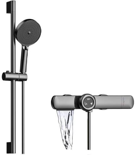 Robinet de Baignoire avec Douchette, Gris Colonne Mitigeur Baignoire Thermostatique, Laiton Robinet Cascade avec, Hauteur Réglable Ensemble Douche Mural Pommeau et Douchette 3 Modes