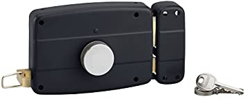 Serrure en applique à bouton pour porte de garage à battant, droite, 140x90 mm, axe 70 mm, noir, 3 clés, Installation Facile, Bouton de condamnation intérieure et tirage - THIRARD