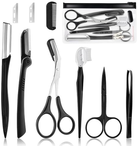 9 Pieces Tweezers Set, Professionelles Augenbrauen Pflege Set, Pinzette aus Edelstahl, Kleine Schere, Augenbrauenschaber, Werkzeug zum Trimmen der Augenbrauen für Männer und Frauen