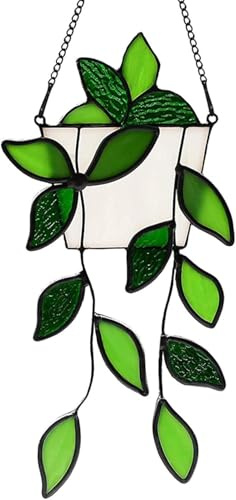 Stained Glass Window Hanging Plant Suncatcher Handcrafted Real Stained Glass Green Plant Sun Catcher Gifts for Plant Lovers,Unique Home Window Wall Decor