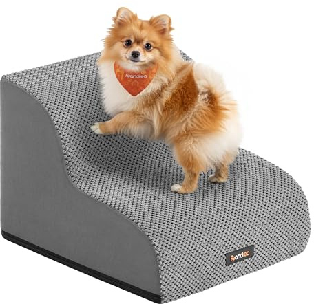 Feandrea 2-Step Dog Stairs, Waffle-Patterned Corduroy Dog Steps for Bed, Sofa, Waterproof Pet Stairs with Anti-Slip Designs, Gentle Slope, Removable Washable Cover, Handle, Dove Grey PPS012GD01