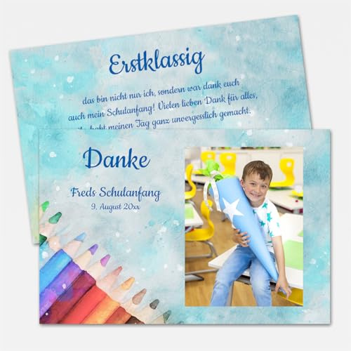 Dankeskarte Schulanfang & Einschulung – personalisiert – Erstklassig | Personalisierte Dankeskarte zur Einschulung mit Foto & Wunschtext, 10 × 15 cm, beidseitig bedruckt auf 350 g/m² Premiumkarton