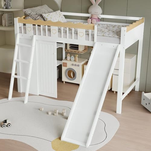 Idemon Litera con tobogán y armario para ropa • Cuna de 90 x 200 cm con sistema de armario integrado • Cama alta con tobogán, escalera de 3 escalones y cercado de cuatro lados • Blanco + Natural • Sin