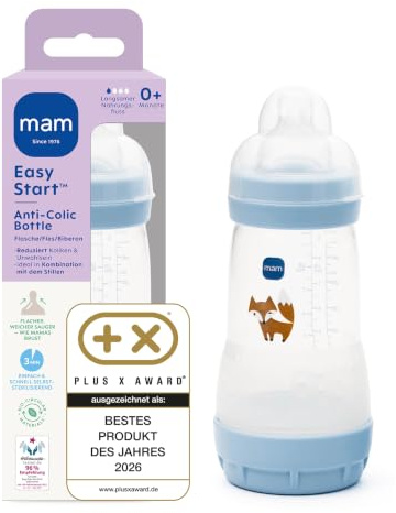 MAM Easy Start Anti-Colic Babyflasche 260 ml, 0+ Monate, Gr. 1, Fuchs | Selbst-sterilisierend in der Mikrowelle in 3 Min, Anti-Kolik-Bodenventil, brustähnlicher SkinSoft Sauger, ab Geburt
