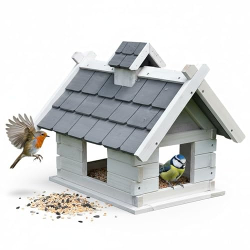 Mucola Vogelhaus Vogelfutterhaus mit Holzschindeln 44x34x37 cm Weiß Grau | Rundum offene Futterfläche, für Meisen, Spatzen und Rotkehlchen, ganzjährige Fütterung, inkl. Montagematerial, Holz, Outdoor