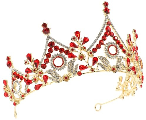 Veemoon Diadema Nupcial Barroca con Cristal y Gemas de Imitación Aleación Dorada Tocado Floral para Novia Accesorios para el Cabello en Bodas y Fiestas Elegante Adorno Nupcial Rojo
