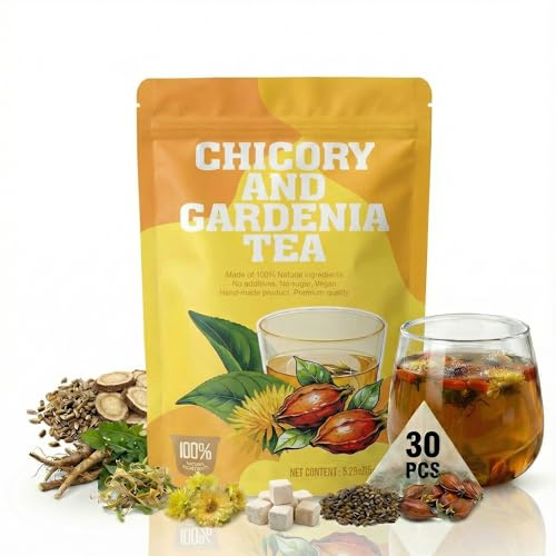 Chicory and Gardenia Tea, Liver and Kidney Detox Tea 30 Tea Bags-Gardenia, Chicory, Poria, Chrysanthemum, Cassia Seed, Mulberry Leaf, Dandelion, Burdock Root, Barley, Gluten-Contain