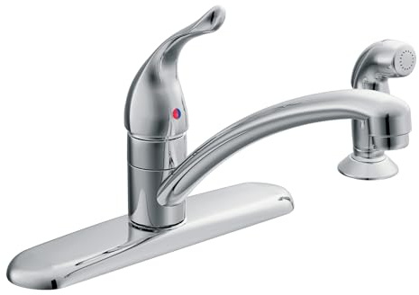 Moen Chateau Chrome One-Handle Low-Arc Kitchen Sink Faucet with Side Sprayer, 4 Hole Kitchen Faucet, Separate Flexible Pull Out Spray Head, for Commercial, Laundry, Utility, 7430
