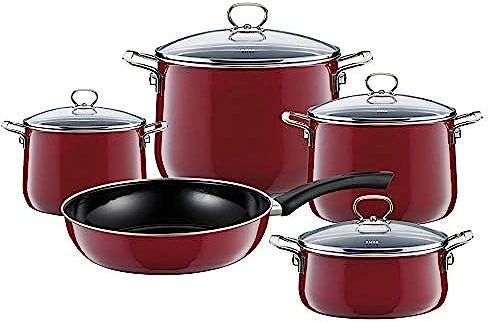 Riess Nouvelle Kochset 5-teilig aus Emaille in der Farbe Rosso mit Deckeln, Maße: 16cm bis 24cm, 0558-008