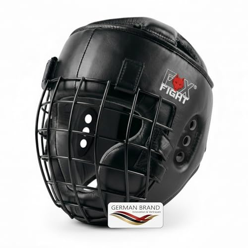 Fox-Fight Protection de tête avec Grille métallique pour la Protection du Visage. Headguard en Cuir véritable avec Bouchon de tête MMA, Boxe, Kickboxing et Sparring, Noir, L-XL