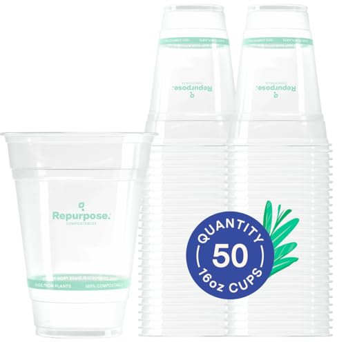 Repurpose 100% Compostable Plant-Based Clear Cold Cups, 16oz, 50 Count, BPA Free, No PFAS Added, FDA Non-Toxic, Certified BioBased