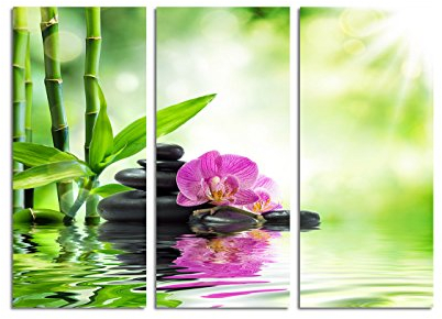 Paul Sinus Art 130x90cm – Keilrahmenbild Spa Orchidee schwarze Steine Bambus Wasser 3teiliges Wandbild auf Leinwand und Keilrahmen - Fotobild Kunstdruck Artprint