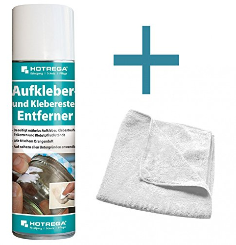 HOTREGA Aufkleber- & Klebereste-Entferner 300ml | Reiniger mit Orangenduft | Inklusive Microfasertuch | Löst Etiketten, Teer, Fett & Öl | Für Glas, Holz, Metall, Kunststoff, Stein & Keramik | Farblos