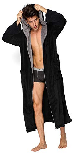 KEMUSI Hooded Herringbone Men's Black Soft Spa Full Lenght Bathrobe With Grey Kimono Shawl Collar(L)