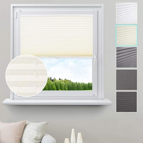 WOLTU Plissee ohne Bohren Klemmfix Faltrollo Jalousie Creme 65x130cm (BxH), Plisseerollo Crushed Optik Sichtschutz und Sonnenschutz Easyfix lichtdurchlässig Rollo für Fenster & Tür