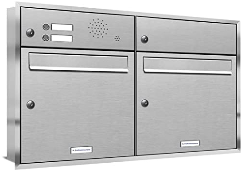 AL Briefkastensysteme, 2er Unterputzbriefkasten, Doppel-Briefkasten mit Klingel, 2 Fach, Briefkastenanlage modern, rostfrei Edelstahl Postkasten