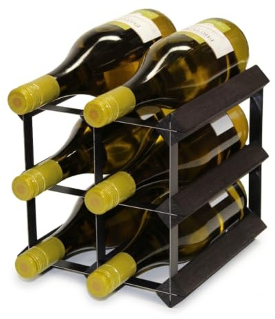 Weinregal für 6 Flaschen, Schwarz gebeiztes Holz und Metall, fertig montiert