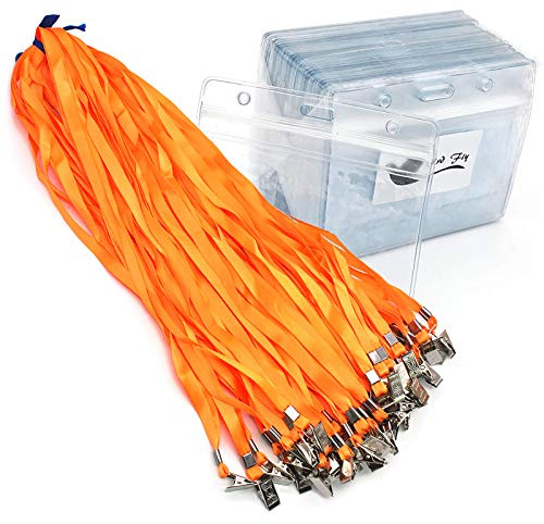 Bird Fiy Lanyards with id Holder Name Badges 50 Pcs Waterproof Plastic Horizontal Name Tag Badge Id Card and 50 Pcs Lanyard (Orange)