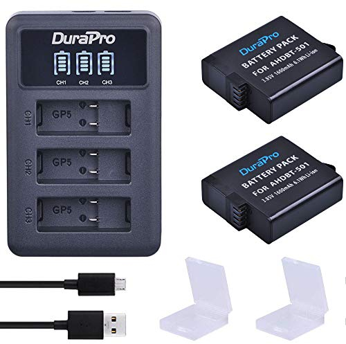 DuraPro 2Pcs AHDBT-501 Battery+ LED 3-Slots USB Charger with Type C Port for GoPro Hero 7 Hero 6 Hero 5 Works with Hero5 all Updated Firmwares