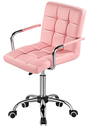 Yaheetech Desk Office Chair Height Adjustable Mid Back PU Leather 360° Swivel Large Seat Stylish Pink Office Chair Heavy Duty Base Gas lift Cylinder Comfortable Computer Chair on Wheels with Armrests