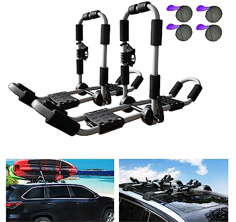 ASMSW Kayak Roof Rack 1 Pair 4-in-1 for Kayak/Surf/Ski Rack,Folding Adjustable Bilateral J-Shaped Roof Rack with 4 PCS Tie Down Straps On Rooftop Mount on Car SUV Truck Crossbar, Black,Silver