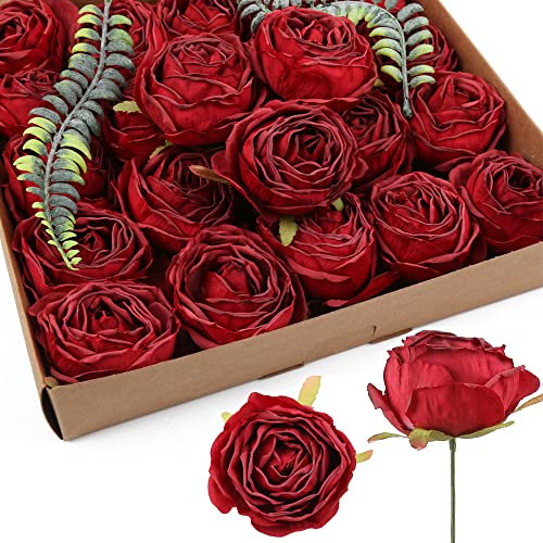 IPOPU Rote Rosen, künstliche Blumen, 25 Stück, dunkelrote Seide, Blumenköpfe, Vintage, getrocknete künstliche Blumen, künstliche für Dekoration, Blume, Wanddekoration (dunkelrot)