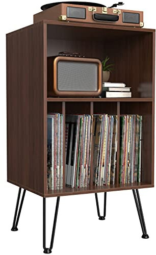 Iyrany Record Player Stand with Storage, Vinyl Record Cabinet with Metal Legs, Holds Up to 150 Albums for Living Room, Bedroom, Office (Brown)