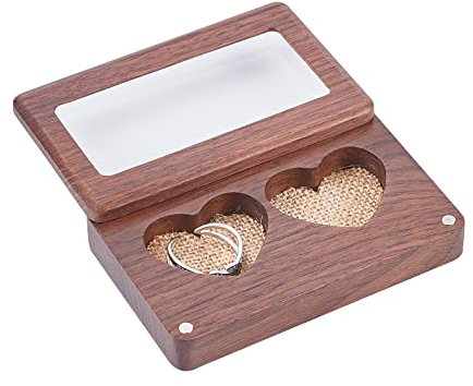 PandaHall Doppelherz-Ringbox, Rustikaler Ringträger Mit Einfachem Gehäuse Gravierter Holzkissenringhalter Für Hochzeit, Verlobung, Valentinstag, 3.7x2.4x0.8/9.4x6x1.9 cm