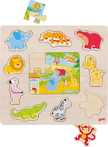 goki 57374 - Einlegepuzzle Zootiere aus Holz - 15 Teile