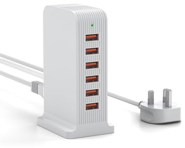 Qurzou USB Charger,50W Multi Charger 6 Port USB Tower Charging Station for iPhone 15/14/13 Pro/Pro Max,Samsung,iPad,Android,iOS etc(white)
