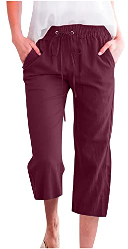 oglccg Womens Capris Trousers 3/4 Pants Cotton Linen Elastic High Waist Cropped Pants Drawstring Summer Autumn Solid Color Pockets Loose Pants Straight Wide Leg Trousers Outdoor Plus Size 8-18