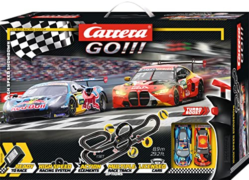 Carrera GO!!! 20062561UK DTM High Speed Showdown Metre Slot Car Racing Track for Children from 6 Years and Adults With UK Plug,1:43 Scale, 8.9 Metres, With BMW M4 GT3 & Ferrari 488 GT3 'Red Bull'