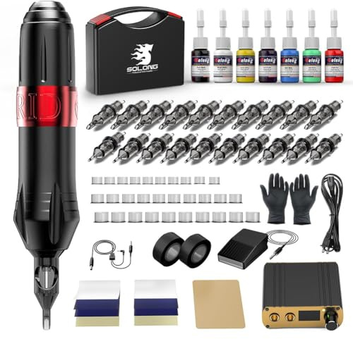 Solong Tattoo Hybrid Profi-Tattoomaschinen-Set Hochleistungsmotor, 20 Nadeln, Präzisions-LCD-Stromversorgung, Pedal, 7 Premium-Tinten & Tragekoffe EK129Q-1-EU