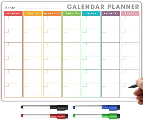 TMS Magnetic Monthly Planner and Dry Wipe Pen, Fridge Calendar Whiteboard for Meal Prep, Notes, Reminders or Daily Planner | Dry Erase Memo Board for Kitchen or Office