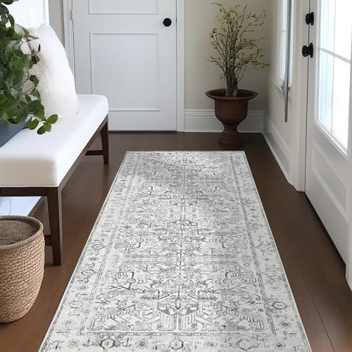 TOPICK Läufer 60x240cm Grau Teppich Vintage Faltbar Dünner Waschbar Teppichläufer Blumendruck Rutschfester Leichter Küche Badezimmer Eingangsmatte