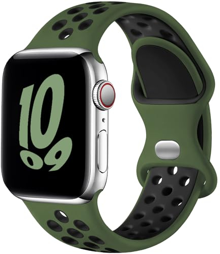 Upeak Sport Strap Compatible with Apple Watch Strap 44mm 45mm 46mm 42mm 49mm, Breathable Silicone Double Hole Band for iWatch Strap Series 11 10 9 8 7 6 5 4 2 1, SE 3, Ultra 3, L, Army-Green/Black