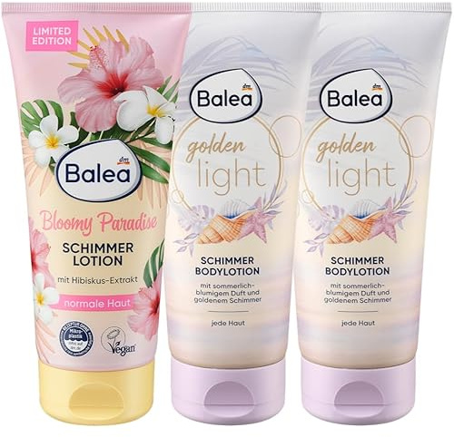 Balea 3er-Set Schimmerlotion: Körperlotion Bloomy Paradise sommerlich-exotischer Duft, Hibiskus-Extrakt, goldener Glow, 200 ml + Lotion Golden Light Körperlotion mit Goldschimmer, 2 x 200 ml (600 ml)