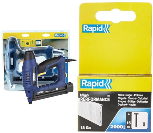 Rapid EN330 - Cloueuse Électrique pour Pointes N°8, Déclenchement Instantané, Réservoir à Bouton-Pression, Cloueur de Finition pour Travaux de Menuiserie et de Décoration & Clous Rapid n°8/15 mm