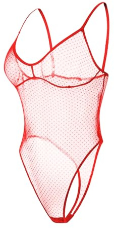 ROSVAJFY Damen Body Transparent aus Tüll Gepunkteter Unterwäsche Stringbody mit Spaghettiträgern Frauen Einteiliger Bodysuit Dessous Sexy Nachtwäsche Unterkleidung Monokini Hoch Gschnitten (Rot)