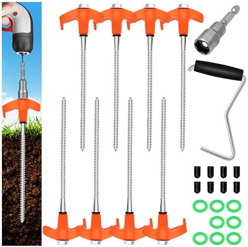Tokeya Zeltheringe mit Gewinde Robuste Stahl-Heringe Camping, 8 Stück Heringe Erdnägel Stabil mit Reflektorseile und Heringzieher, Schraubheringe für harten Boden, Camping, Gartenarbeit, Wiesen, Gras