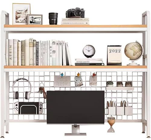 PRMTYUP BüCherregal FüR Den Computertisch, 2-Stufiger Schreibtischaufsatz FüR Studentenwohnheim, BüCherregal FüR Den Schreibtisch, Organizer-Regal FüR Den Schreibtisch,Weiß,135cm