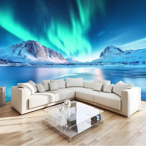 Escena De Nieve Fotomural aurora boreal verde Fotomural Pared, 250x175 cm Papel Pintado 3D, Fotomurales Decoración de Comedores Moderna Lana Sala Cuarto Salón