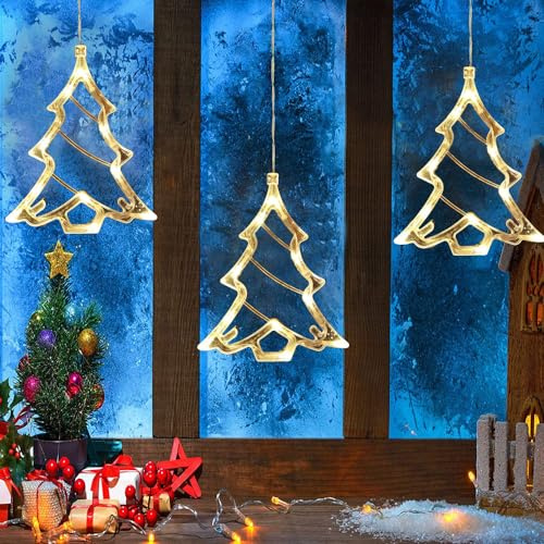 Emottle LED Christmas Window Lights - 3Pcs Decorations, Twinkle Curtain Light Battery Powered, Hanging Lights for Party Shop Xmas Tree Decoration