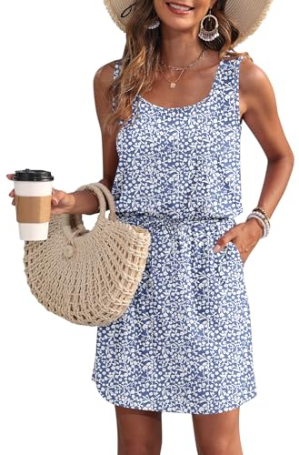 WNEEDU Vestido de Verano de Las Mujeres sin Mangas Tanque Playa encubrimientos U Cuello cordón Vestidos Flor Azul Púrpura S