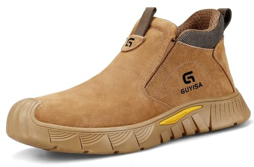 GLANOUDUN Welding Work Boots for Men - Brown Mid-Cut Slip on Steel Toe Shoes - Indestructible Steel Toe Boot for Welder Protective - ASTM Certified Safety Footwear for Construction & Industrial Use