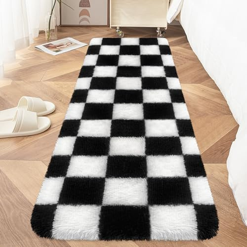 MondayRug Weicher, flauschiger Teppich für Schlafzimmer, Wohnzimmer, schwarz-weiß kariert, 60 x 180 cm, Plüsch, zotteliger Teppich, rutschfest, für Nachttisch, Sofa, Zuhause, Wohnheim, Dekoration,