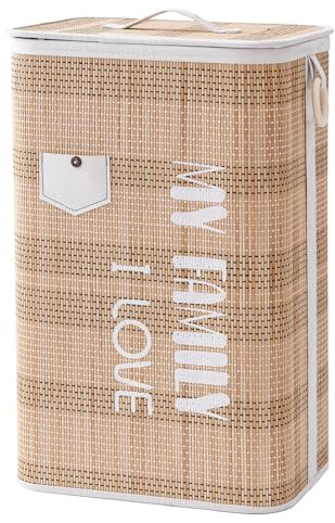 Muzilife Bambus Wäschekorb, 72L Faltbare Wäschesammler mit Deckel | Braun Schmal Wäschebox aus Natürliche Baumwolle, Stabil Wäschetonne mit Tragegriffen, 40x30x60CM