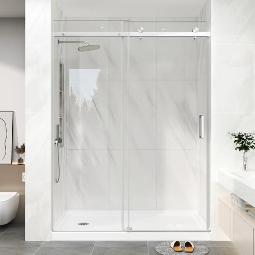 KPUY Frameless Shower Door, 49-54 W x 76 H Sliding Glass Shower Door, 1/4 (6mm) Thick Tempered Clear Glass with Explosion-Proof Film Nano Coating in Brushed Nickle Finish